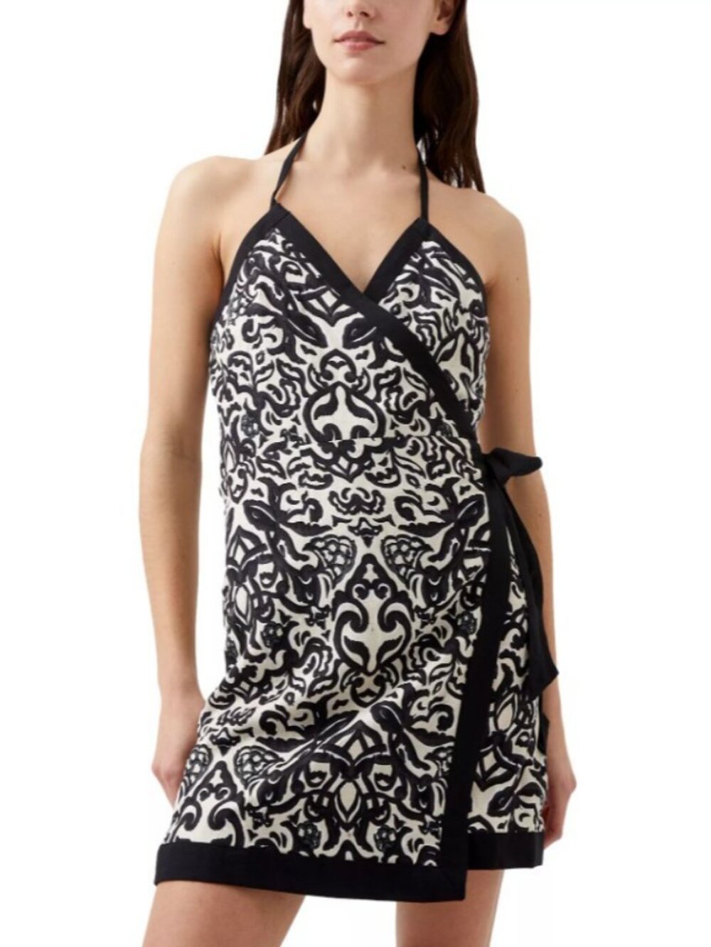 French Connection Women's Printed Halter Sleeveless Wrap Dress Classic Cream 12